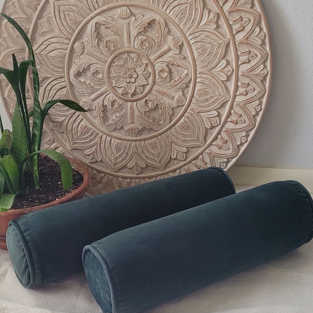 Luxurious Forest Green Velvet Bolster Pillows